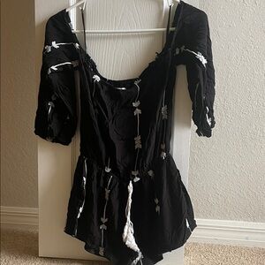 Black Romper with White Floral Embroidery